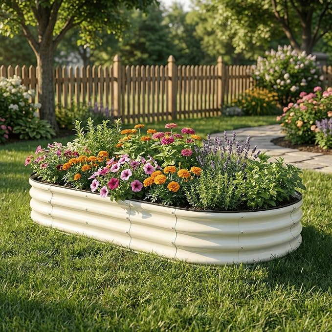 SnugNiture 2 Pcs 6x3x1ft Oval Metal Raised Garden Bed for Vegetables, White | Protective rubber edging strips thickened corrugated galvanized steel