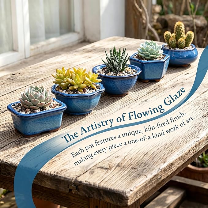 6 Pack Bonsai Pot Planter, 3" 4" Ceramic Glazed Succulent Pots | Small Succulent Planters with Drainage, for Indoor Outdoor Plants, Cactus, Flowers