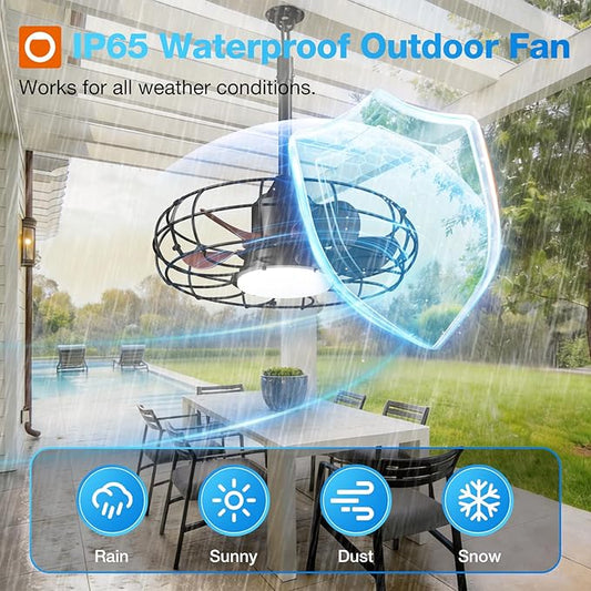 addlon 20 Inch Outdoor Ceiling Fan with Light for Patio, IP65 Waterproof Plug in Caged Hanging Fan, Remote Control, 3000-6000K Dimmable, 6 Speeds Reversible Outdoor Fan for Gazebo, Pergola, Porch