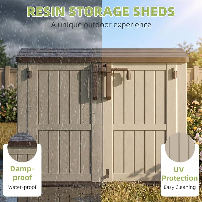 Outdoor Horizontal Resin Storage Box 36 Cu Ft with Lockable Doors, Portable Outdoor Storage Shed -Waterproof Outdoor Storage Cabinet for Garden Brown-Beige