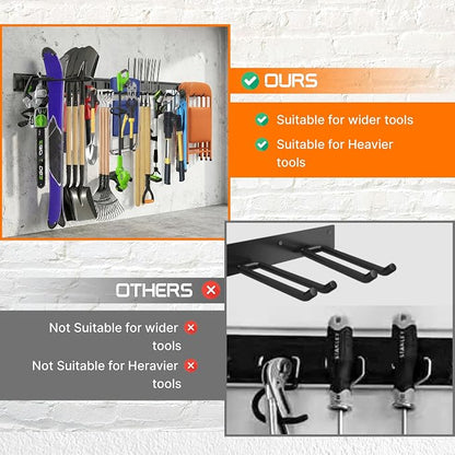 "48 Garage Tool Organizer Wall Mount - Heavy Duty 520lbs Metal Storage Rack, Easy Install Adjustable Hooks for Garden Tools Brooms