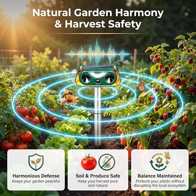 4 Pack Solar Ultrasonic Animal Repellent Outdoor, Motion Sensor Deer Repellent Device with LED Strobe Light, IP65 Waterproof Cat Squirrel Raccoon Rabbit Deterrent, Garden Yard Lawn Protection