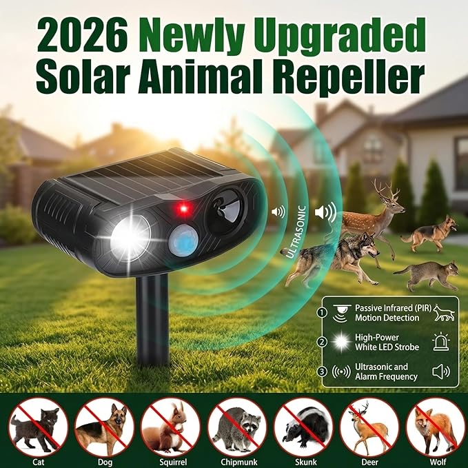 4Pack Sonic Fortress Pro Deer Repellent Devicess,Solar Animal Repeller | Ultrasonic Cat Repellent Outdoor with Motion Detection, Deer Repellent Devices with LED Flash Lights