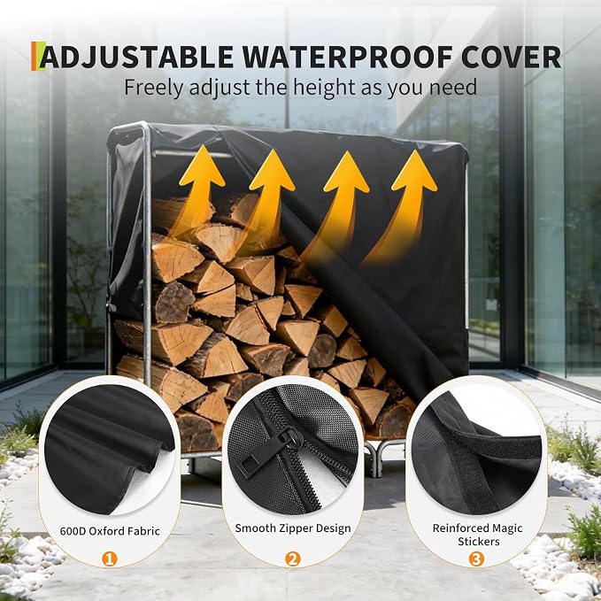 PeakPursuit 8FT Firewood Rack with 600d Oxford Waterproof Cover, Heavy Duty Indoor/Outdoor Steel Log Storage Rack - Wood Pile Holder Stacker Organizer for Fireplace, Patio, Fire Pit, Backyard