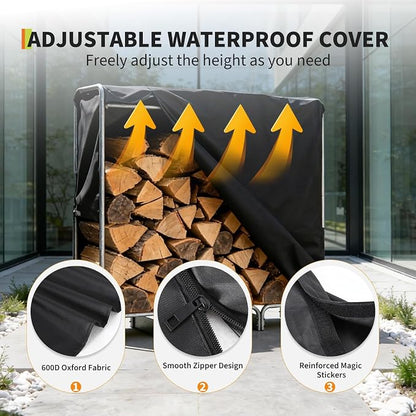 PeakPursuit 8FT Firewood Rack with 600d Oxford Waterproof Cover, Heavy Duty Indoor/Outdoor Steel Log Storage Rack - Wood Pile Holder Stacker Organizer for Fireplace, Patio, Fire Pit, Backyard