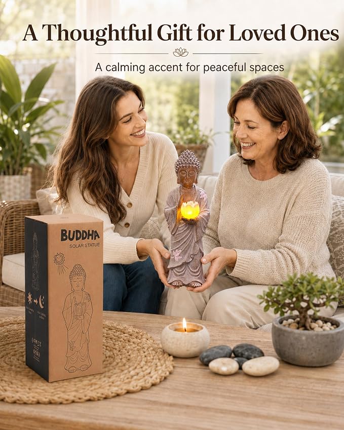 Nacome Solar Buddha Garden Statue Decor: Standing Resin Figurine with Lotus Flower Light Zen Sculpture for Patio Lawn Yard Porch Balcony Meditation Space - 11 inches(White)