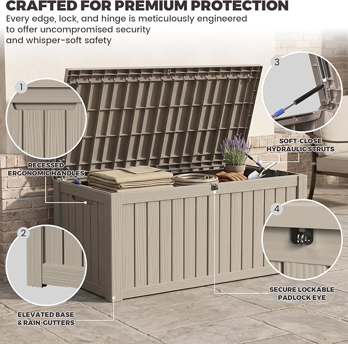 Outdoor Storage Box, 150 Gallon Waterproof Deck Box [Upgraded 3.0], Piston-Assisted Resin Trunk for Sectional Sofa Cushions, High-Capacity Lockable Double Storage Bench, Patio Lounge, Grey