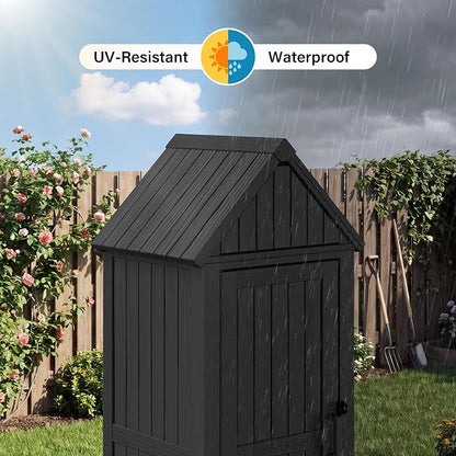 Bifanuo Deck Box Storage Shed Outdoor Storage Cabinet, Vertical Waterproof Resin Material Plastic Shed with Removable Shelves, 12 Hooks and Lock Ring for Garden, Pool and Patio (Classic Black)