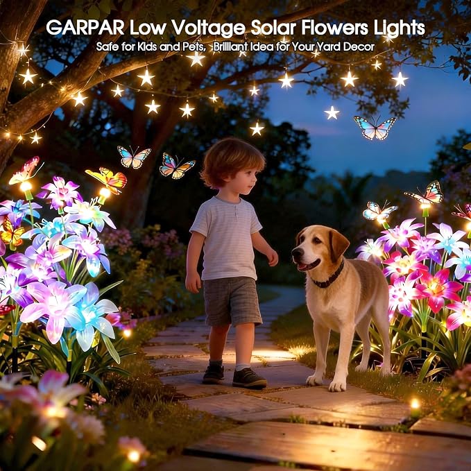 Garpar Solar Flower Lights Outdoor 4 Pack, 16 Lilies and 12 Butterflies | 800mAh Battery, Brighter LED, IP65 Waterproof, Color Changing, Perfect for Yard, Lawn, Pathway, Gift for Mom, Women, Grandma