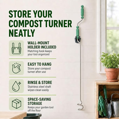 46.5" Compost Aerator Tool, Manual Compost Turner, No Assembly Stainless Steel Compost Stirring Tool for Compost Bins, Outdoor Compost Piles & Backyard Composting, Wall Mount Hook