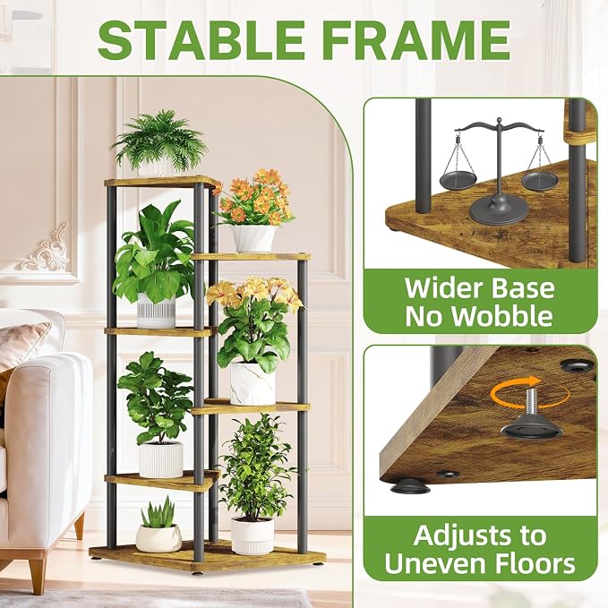 iDavosic.ly Tall Plant Stand with Grow Lights for Large & Heavy Duty Planters, 5 Tier Indoor Corner Flower Shelf with Wooden Trays & Metal Frame, Orchid Rack for Living Room Balcony, Black & Brown