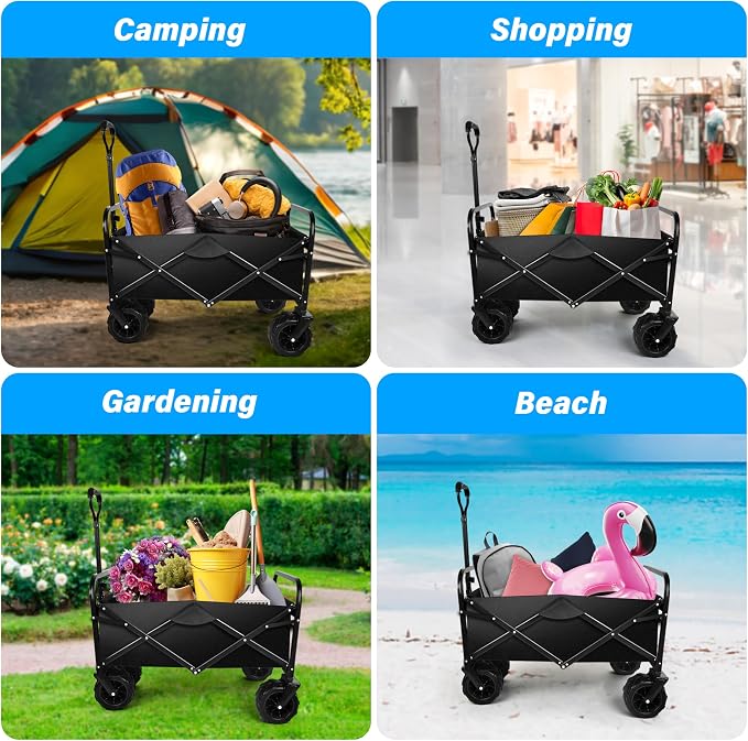 YSSOA Collapsible Folding Wagon, Beach Wagon with Big Wheels, Heavy Duty Foldable Utility Cart, Portable Garden Cart with Adjustable Handle, Foldable Grocery Cart for Camping Sports