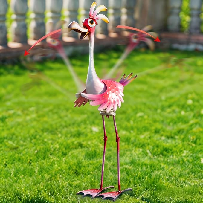Natelf Outdoor Summer Flamingo Metal Garden Yard Art 25in | Weatherproof, Rustproof, Large Outdoor Garden Statue, Spring-loaded, For Women Mom Grandma