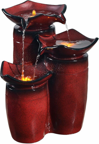 Teamson Home 3 Tiered Floor Water Glazed Pots Fountain with LED Lights and Pump for Outdoor Patio Garden Backyard Decking Décor, 20 inch Height, Gradient Red | Glazed Pots, LED Lights, Pump Included, Outdoor Patio Garden Backyard Decking Décor
