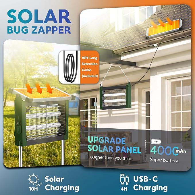 Solar Bug Zapper Outdoor, PhatroyYee Mosquito Zapper 4500V, Waterproof Portable Fly Zapper, Rechargeable Electric Mosquito Killer, Cordless Fly Insect Mosquitos Trap for Patio Yard Camping(Army Green)