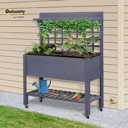 Outsunny 41" Raised Garden Bed with Trellis on Wheels, Wooden Elevated Planter Box with Legs and Bed Liner, for Flowers, Herbs & Vegetables, Gray