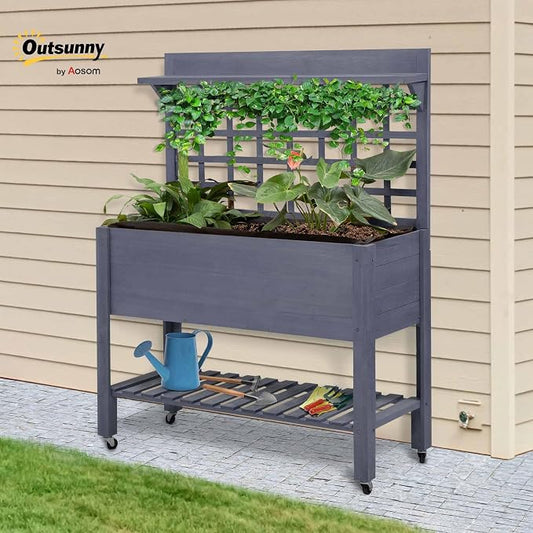 Outsunny 41" Raised Garden Bed with Trellis on Wheels, Wooden Elevated Planter Box with Legs and Bed Liner, for Flowers, Herbs & Vegetables, Gray