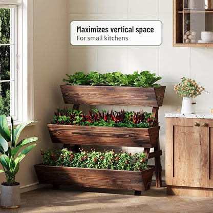 3-Tier Vertical Wooden Raised Garden Bed, Freestanding Garden Planter Box, Wood Flower Rack, Planter Box for Herbs, Vegetables, Outdoor Indoor Use, Large-Brown, Large-Carbonized