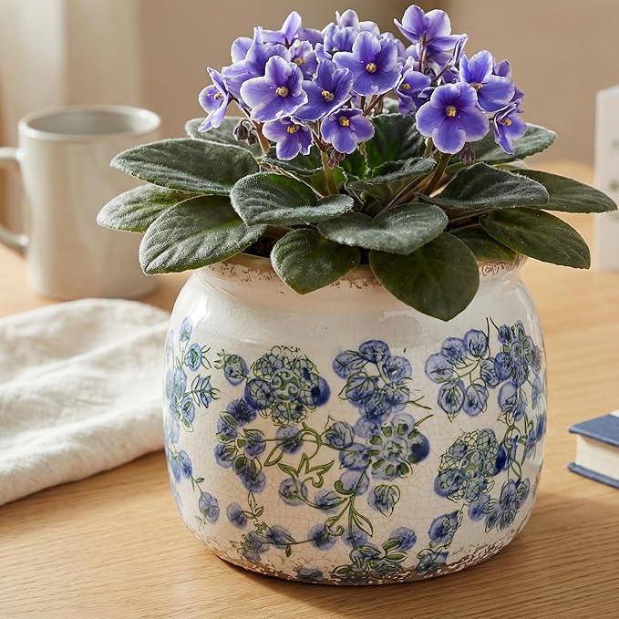Ceramic Planters Spring Decor, 6.3in Country Cottage Plant Pots with Drainage Hole for Indoor Plants & Succulent, Vintage Crackle Glaze Finish Flower Vase, Home Decor Gifts, Deep Blue Floral