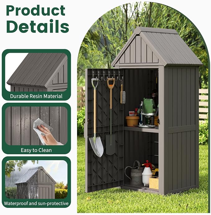Bifanuo Deck Box Storage Shed Outdoor Storage Cabinet, Vertical Waterproof Resin Material Plastic Shed with Removable Shelves, 12 Hooks and Lock Ring for Garden, Pool and Patio (Grey)
