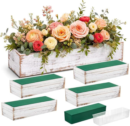 Dandat 5 Set Wood Boxes for Centerpieces 12x4 Inch Rectangle Wooden Planter Box Rustic Wooden Planters with Removable Plastic Liner Floral Foam Blocks for Christmas Wedding Home Garden Decor(White)
