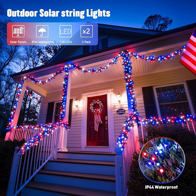 JMEXSUSS 2 Pack Solar String Lights, Red White and Blue, Total 200LED 66ft | Patriot Solar Lights Outdoor Waterproof, 8 Modes 4th of July Lights for Independence Day Patio Yard Tree Decorations