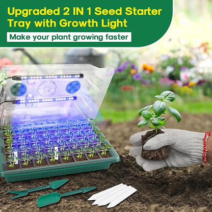 BlumWay Seed Starter Tray with Grow Light,2 Pack 80 Cells Seedling Tray Kit with Humidity Dome/Indoor Plant Starter Kit, Adjustable Brightness Plant Germination Trays-Green