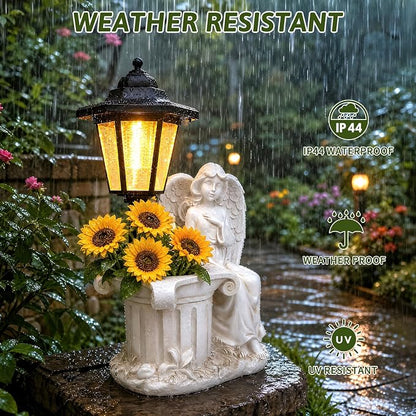 Solar Angel Outdoor Garden Statues with Lantern & Flower Pot | Resin Angel Figurines for Yard Lawn Porch Patio Balcony Decor- Gifts for Women Mom Grandma