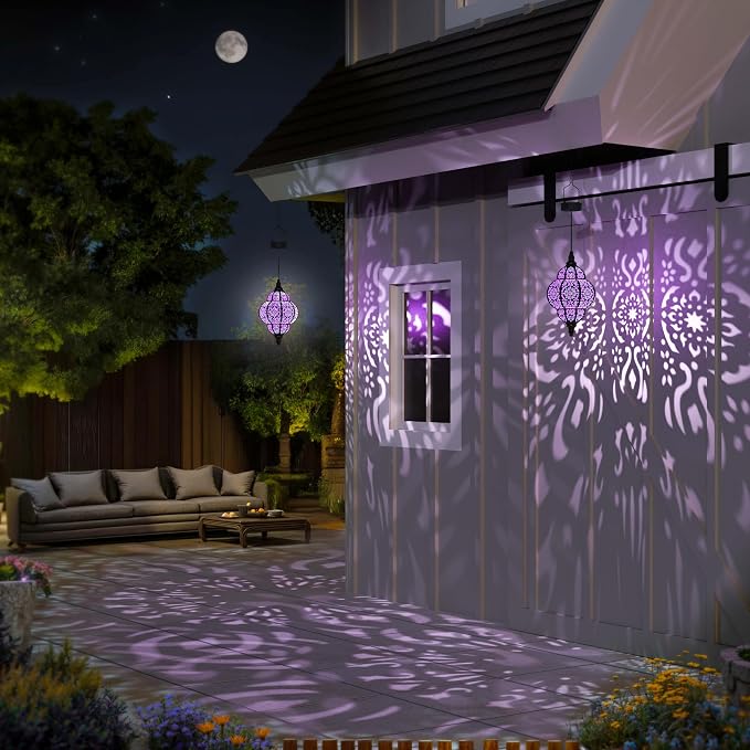Hapjoy Hanging Solar Lights Outdoor Garden Decor Solar Lantern Waterproof Plastic Moroccan Outdoor Decorations for Patio Pathway Yard Backyard Garden Decorative (1, Purple)