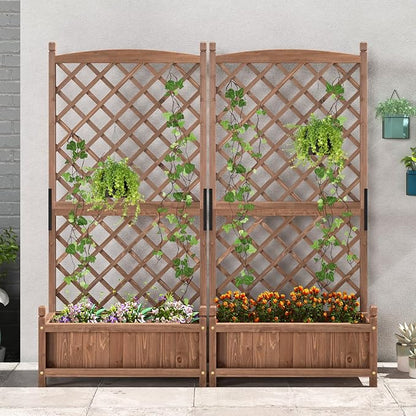 HAPPYGRILL Raised Garden Bed with Trellis, Large Planting Box w/Drainage Holes, 60” Wooden Garden Planter w/Diamond Lattice Trellis for Climbing Plants, Outdoor Planter Box for Patio (2, Coffee)