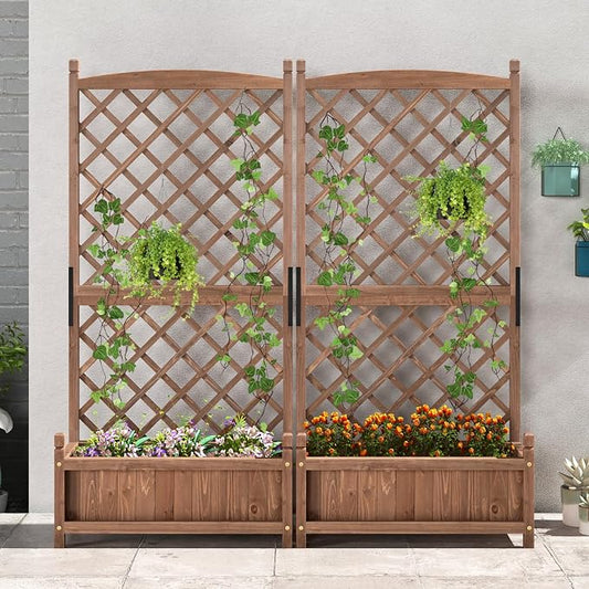 HAPPYGRILL Raised Garden Bed with Trellis, Large Planting Box w/Drainage Holes, 60” Wooden Garden Planter w/Diamond Lattice Trellis for Climbing Plants, Outdoor Planter Box for Patio (2, Coffee)
