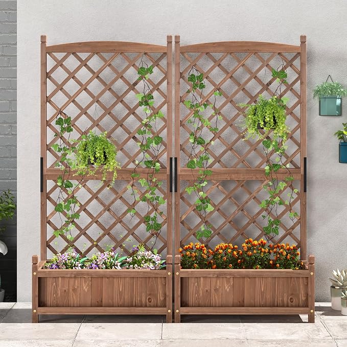 HAPPYGRILL Raised Garden Bed with Trellis, Large Planting Box with Drainage Holes, 60” Wooden Garden Planter w/Diamond Lattice Trellis for Climbing Plants, Outdoor Planter Box for Patio Balcony (1)