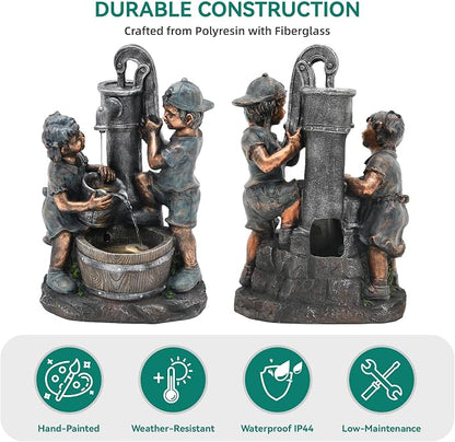 26" Boy and Girl Outdoor Fountain LED 3-Tier Cascading Waterfall | bronze finish, children drawing water scene, patio garden Porch