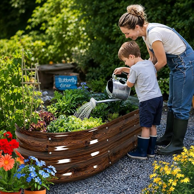 Galvanized Raised Garden Bed, 6x3x1 FT Galvanized Steel Metal Raised Garden Bed, Oval Open-Bottom Design, 12-Inch Deep for Outdoor Vegetable & Herb Gardening, Fruit Wood Grain, 2 Packs