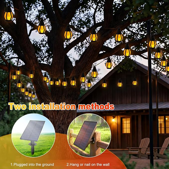 Vivideal Solar String Lights Outdoor Waterproof with 10 Flickering Flame Light Bulbs, 31ft Solar Outdoor String Lights for Outside Tree Patio Garden Porch Party Decorations, Warm White