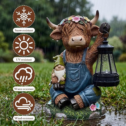 Solar Highland Cow Statue with LED Light - 6.6" Resin Scottish Cow Lantern Figurine, Farmhouse Animal Garden Decor for Pasture Patio Lawn Yard Outdoor Indoor, Housewarming Easter Gift for Women Mom