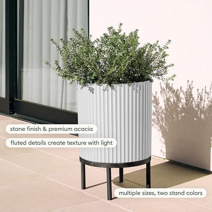 Veradek Demi Series Round Planter w/Stand for Porch/Patio | Durable Plastic-Stone Composite & Wooden Stand | Modern Décor for Tall Plants, Flowers