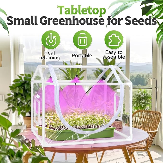 Mini Greenhouse with Grow Light, 25.6"x15.7"x20" Hard-Shell Indoor Tabletop Greenhouse for Seed Starting, Smart 3-Head Full Spectrum Plant Light with Timer, Crystal Clear Plant Nursery Kit