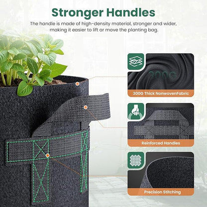 Jorvila 5 Pack 3 Gallon Grow Bags, Thickened Nonwoven Fabric Planter Pots with Handles, Heavy Duty 300G Garden Pots for Tomato, Potato and Vegetable