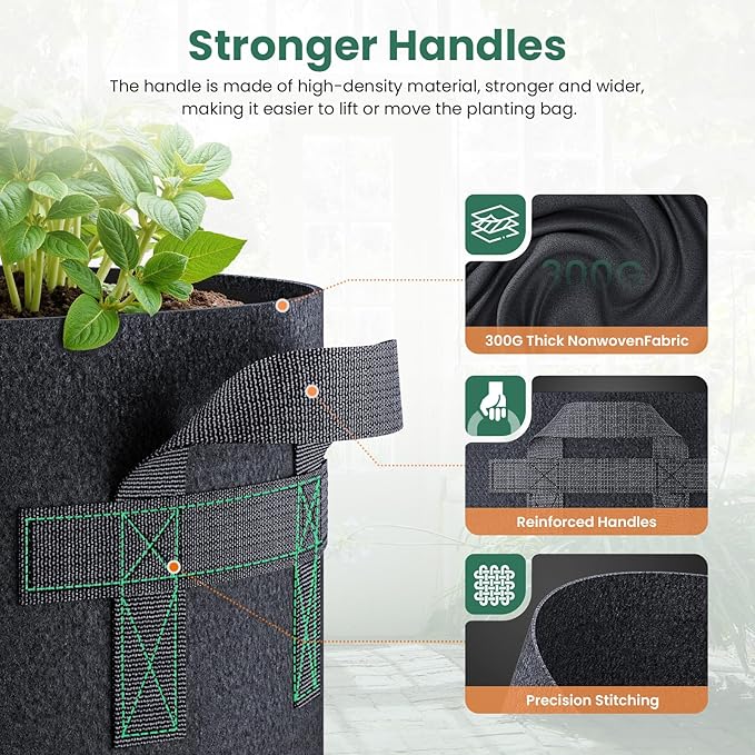 Jorvila 5 Pack 10 Gallon Grow Bags, Thickened Nonwoven Fabric Planter Pots with Handles, Heavy Duty 300G Garden Pots for Tomato, Potato and Vegetable