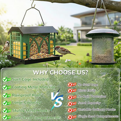 Bird Feeders for Outdoors Hanging, Metal Bird Feeder with Double Suet Cage Weatherproof Metal Roof, 3.5Lbs Large Capacity Great for Attracting Finch Cardinal Chickadee Wild Birds, Branch Green