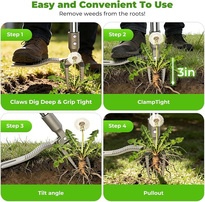 One-Piece Stand Up Weed Puller Tool with Long Handle, 47" No Assembly Stainless Steel Garden Weeder Dandelion Root Removal Without Kneeling