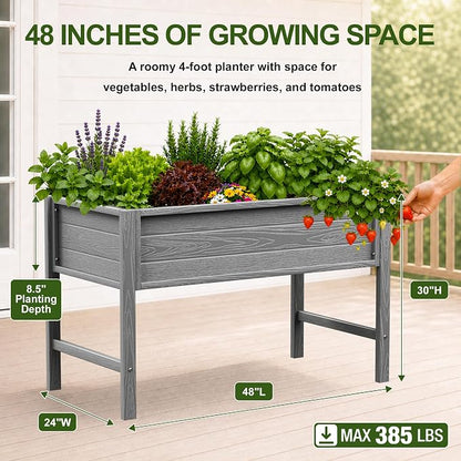 YEFU 48" Raised Garden Bed with Legs, HIPS Outdoor Garden Bed, Grey | Raised Garden Bed with Legs for Patios & Decks, 30" Height, Wood-Look HIPS, Drainage, 385 lbs Support for Vegetables & Herbs