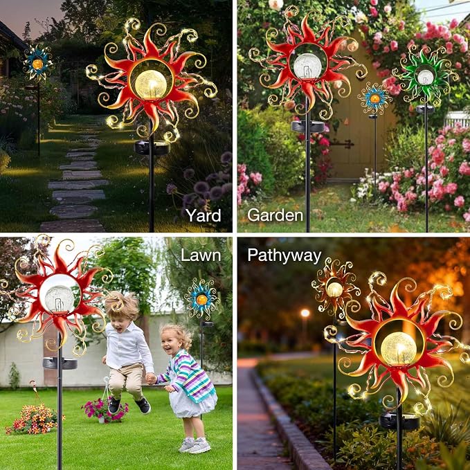Solar Lights Outdoor Waterproof Red Sun Metal Crackle Glass Stake Decorative for Outside,Yard,Lawn,Patio,Walkway Mothers'Day Gifts Mom Grandma Garden Lover