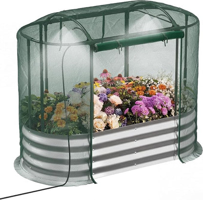 Lineware Raised Garden Bed with Self-Watering System, 4x2x1 ft Elevated Planter Boxes Outdoor with Mesh Cover, Oval Galvanized Raised Beds for Gardening,Vegetables,Flowers, Backyard, Patio