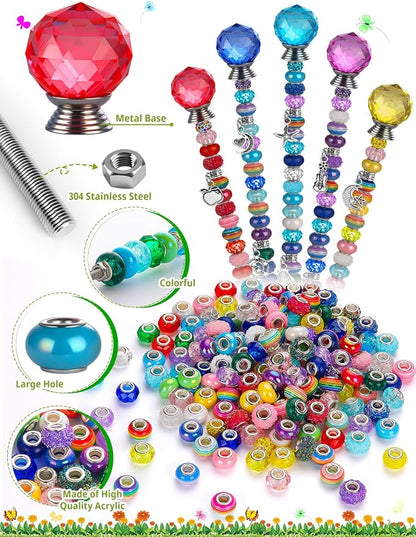 336 Pcs Beaded Garden Stakes DIY Fairy Wand Kit | 272 Colorful Assortment Round Large Hole Beads, Sparkling Silver Crystal Pendants, Stopper Top, For Outdoor Beadable Items
