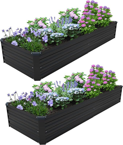 2PCS 8x2x1ft Galvanized Raised Garden Bed Kit,Gardening Planter Box | Outdoor Elevated Metal Planter Box For Vegetables, Flowers, Herbs, Anti-Rust Galvanized Steel, Open Drainage, Sturdy (Black)