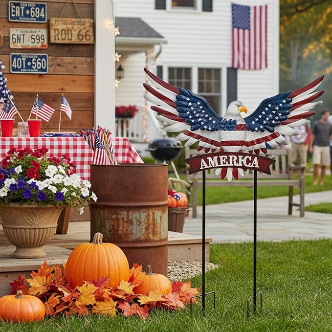 Eagle Patriotic Decor Garden Stakes Decorative Large 35.8in with America Sign, 4th of July Decorations Red White Blue Decor American Flag Memorial Day Decorations Metal Yard Art