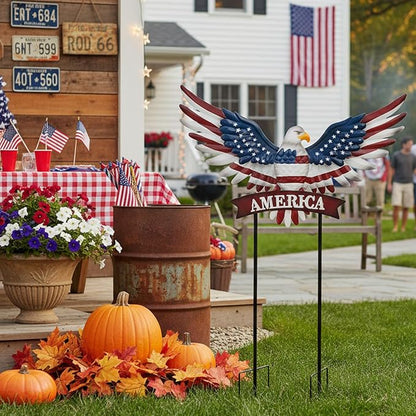Eagle Patriotic Decor Garden Stakes Decorative Large 35.8in with America Sign, 4th of July Decorations Red White Blue Decor American Flag Memorial Day Decorations Metal Yard Art