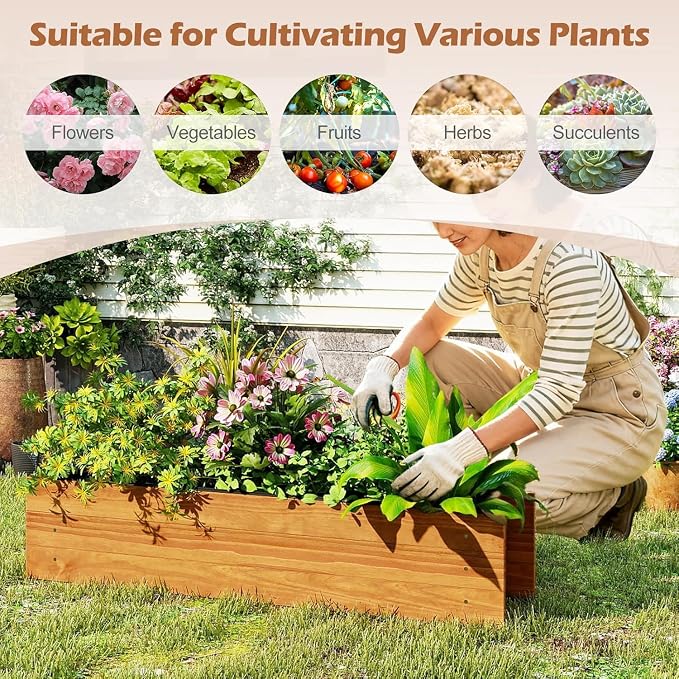 LDAILY Raised Garden Bed, 44" x 11" x 10" Wooden Planter Boxes with Removable Bottom & 4 Drainage Holes, Rectangle Flower Bed Outdoor, Wood Raised Beds for Garden Vegetable Herb